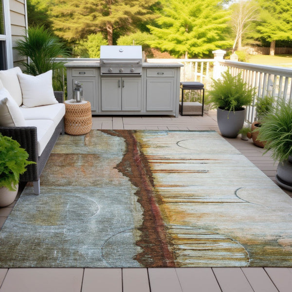 HomeRoots 5' Modern Rust and Beige Abstract Area Rug – Stylish, Washable, Durable for Indoor and Outdoor Use 9' X 12' 630481