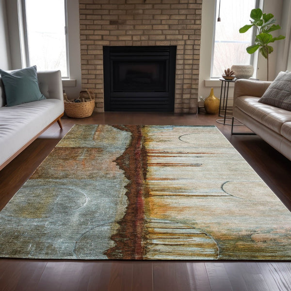 HomeRoots 5' Modern Rust and Beige Abstract Area Rug – Stylish, Washable, Durable for Indoor and Outdoor Use 9' X 12' 630481