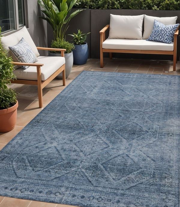 HomeRoots 5' Stylish Blue and Ivory Geometric Area Rug - Durable, Washable, Perfect for Indoor or Outdoor Use! 5' X 8' 630490