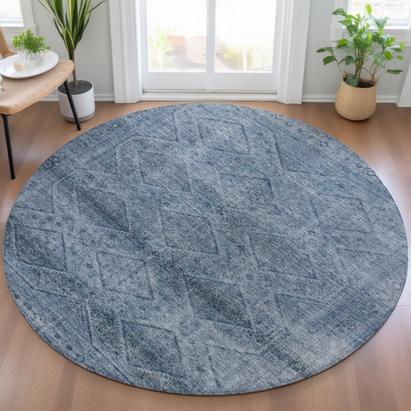 HomeRoots 5' Stylish Blue and Ivory Geometric Area Rug - Durable, Washable, Perfect for Indoor or Outdoor Use! 8' Round 630491