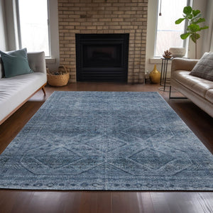 HomeRoots 5' Stylish Blue and Ivory Geometric Area Rug - Durable, Washable, Perfect for Indoor or Outdoor Use! 9' X 12' 630493