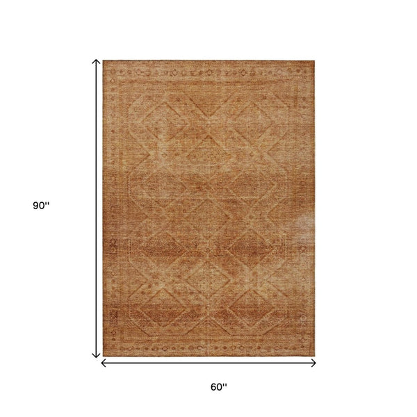 HomeRoots 5' Stylish Copper and Ivory Geometric Washable Area Rug for Indoor and Outdoor Living Spaces 5' X 8' 630496