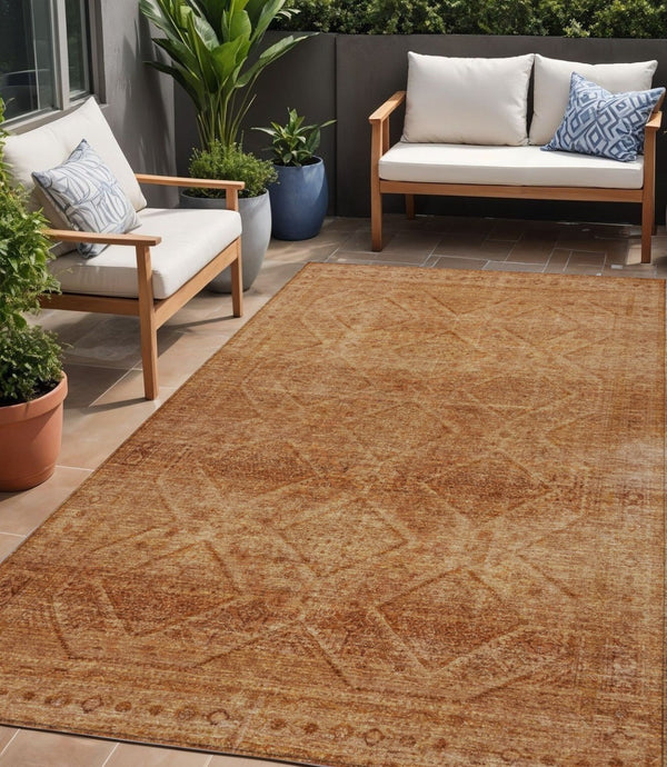 HomeRoots 5' Stylish Copper and Ivory Geometric Washable Area Rug for Indoor and Outdoor Living Spaces 5' X 8' 630496