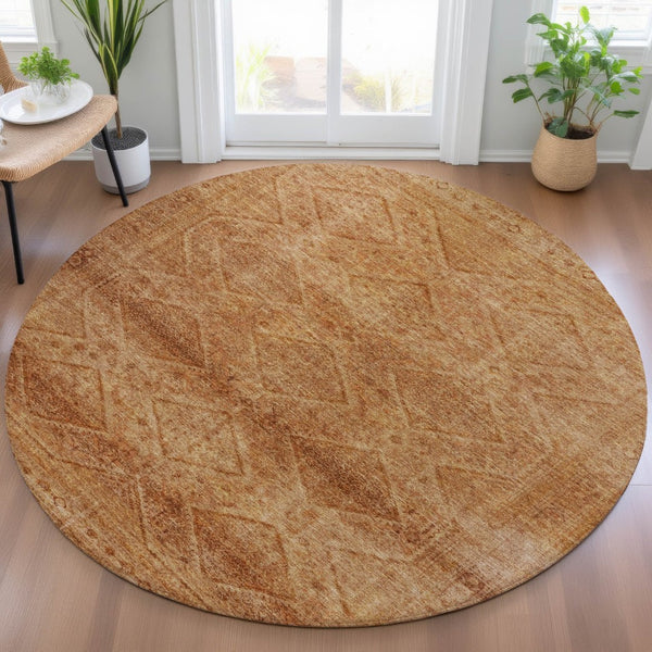 HomeRoots 5' Stylish Copper and Ivory Geometric Washable Area Rug for Indoor and Outdoor Living Spaces 8' Round 630497