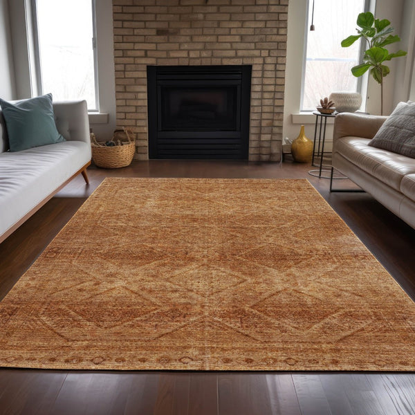 HomeRoots 5' Stylish Copper and Ivory Geometric Washable Area Rug for Indoor and Outdoor Living Spaces 9' X 12' 630499