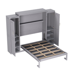 English Elm Full Full Size Murphy Bed with Two Wardrobes and Foldable Platform, Space-Saving Modern Guest Solution Gray 84.9 L x 12 W x 7 H N733S235596E