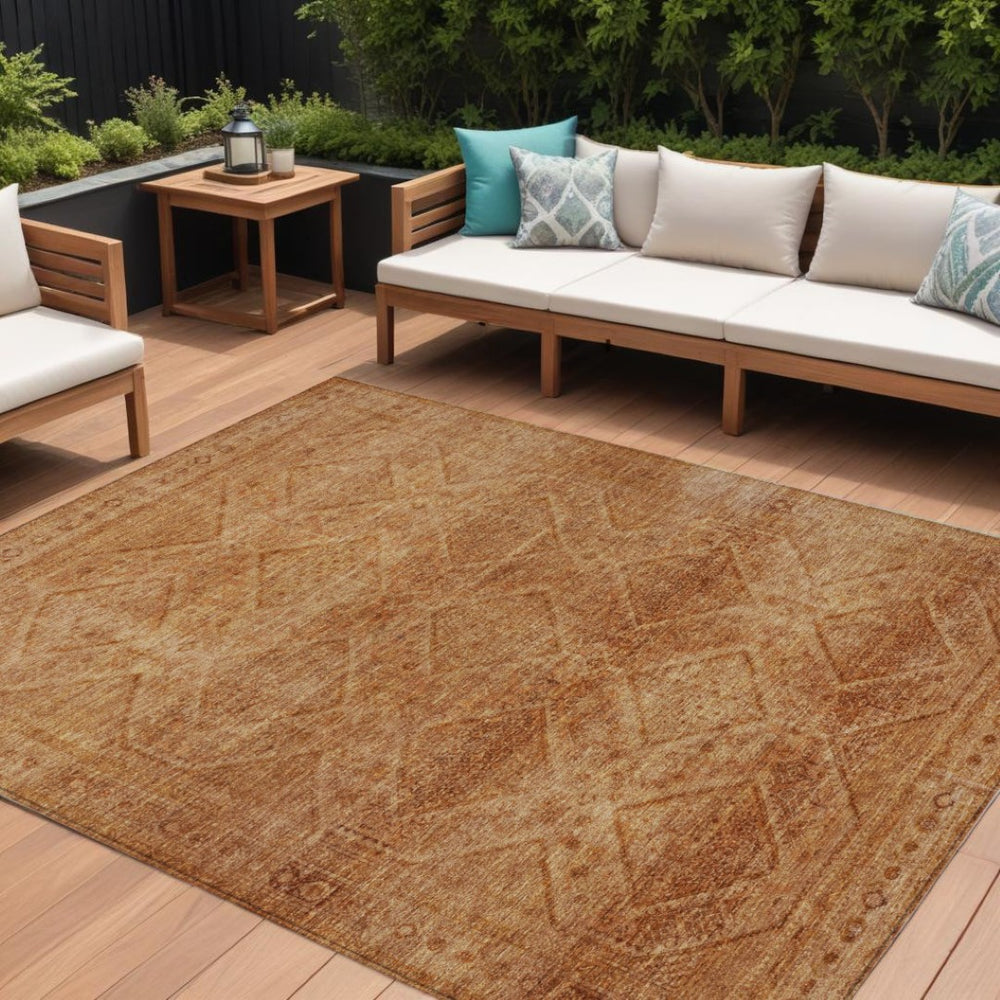 HomeRoots 5' Stylish Copper and Ivory Geometric Washable Area Rug for Indoor and Outdoor Living Spaces 10' X 14' 630500