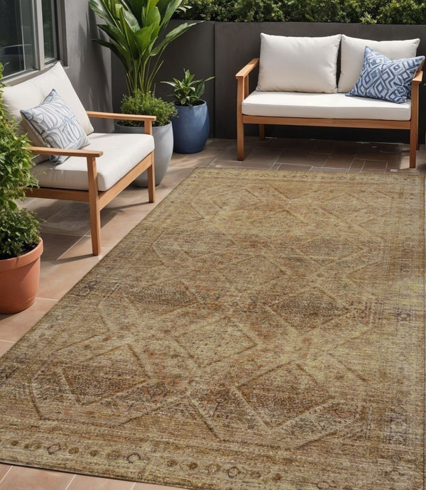 HomeRoots 5' Khaki and Beige Geometric Area Rug - Stylish, Washable, and Durable for Indoor & Outdoor Spaces 5' X 8' 630502