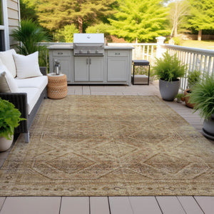 HomeRoots 5' Khaki and Beige Geometric Area Rug - Stylish, Washable, and Durable for Indoor & Outdoor Spaces 9' X 12' 630505