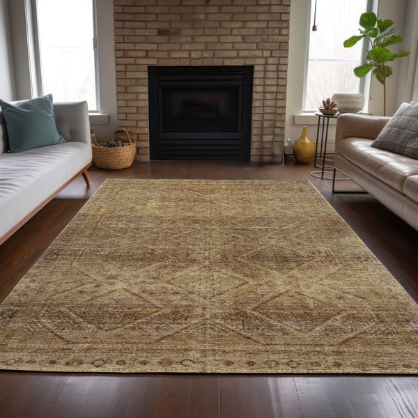 HomeRoots 5' Khaki and Beige Geometric Area Rug - Stylish, Washable, and Durable for Indoor & Outdoor Spaces 9' X 12' 630505