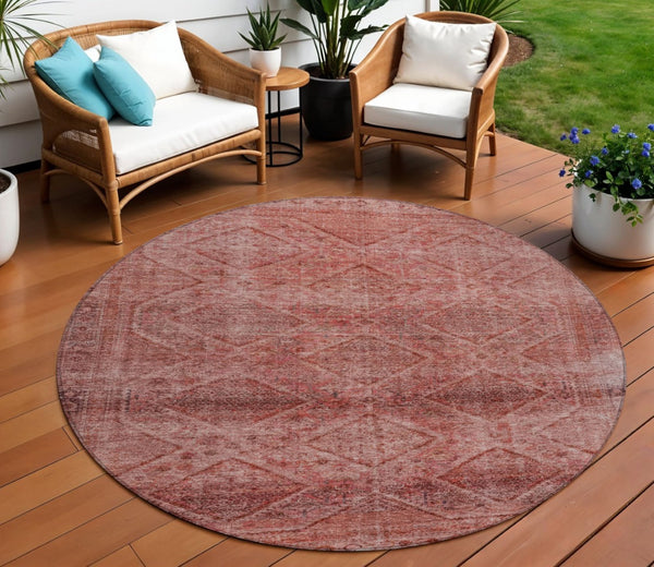 HomeRoots 5' Modern Pink and Ivory Geometric Area Rug - Durable, Washable, Indoor-Outdoor Versatile Style 8' Round 630509