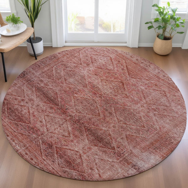 HomeRoots 5' Modern Pink and Ivory Geometric Area Rug - Durable, Washable, Indoor-Outdoor Versatile Style 8' Round 630509