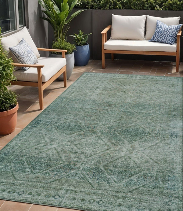 HomeRoots 5' Teal Blue and Ivory Geometric Area Rug - Durable, Washable Indoor/Outdoor Accent for Any Space 5' X 8' 630514
