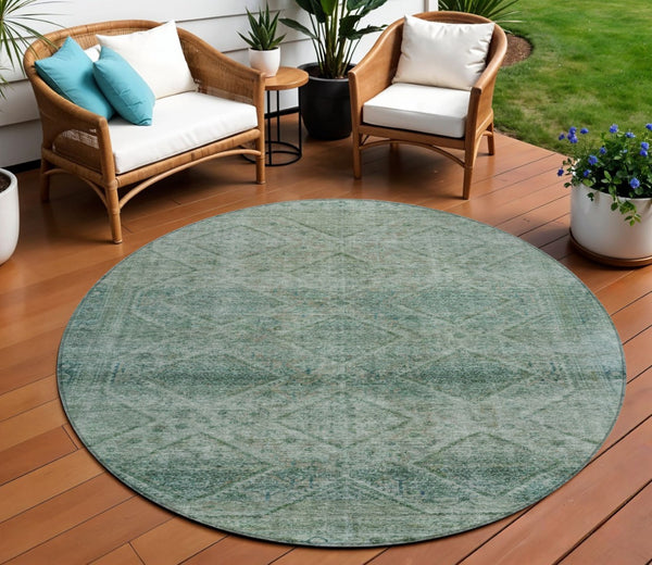 HomeRoots 5' Teal Blue and Ivory Geometric Area Rug - Durable, Washable Indoor/Outdoor Accent for Any Space 8' Round 630515