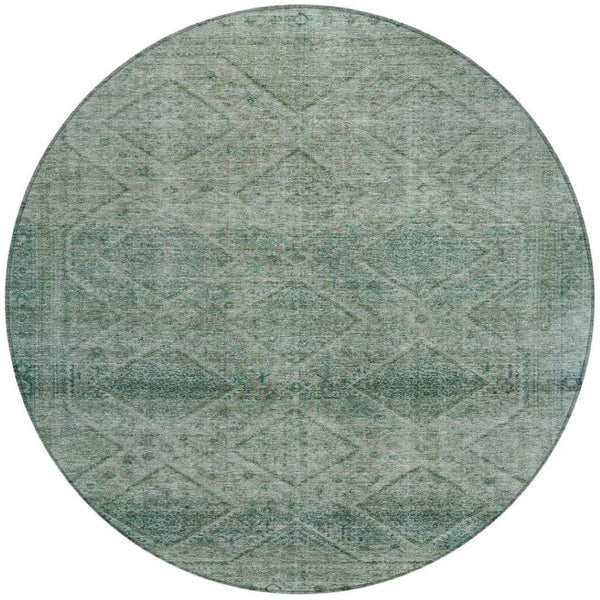HomeRoots 5' Teal Blue and Ivory Geometric Area Rug - Durable, Washable Indoor/Outdoor Accent for Any Space 8' Round 630515