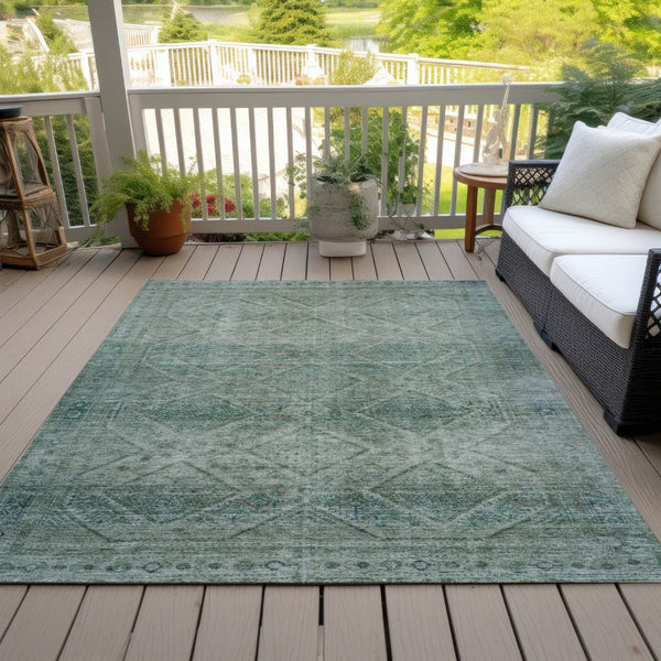 HomeRoots 5' Teal Blue and Ivory Geometric Area Rug - Durable, Washable Indoor/Outdoor Accent for Any Space 8' X 10' 630516