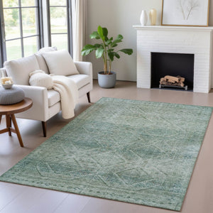HomeRoots 5' Teal Blue and Ivory Geometric Area Rug - Durable, Washable Indoor/Outdoor Accent for Any Space 9' X 12' 630517