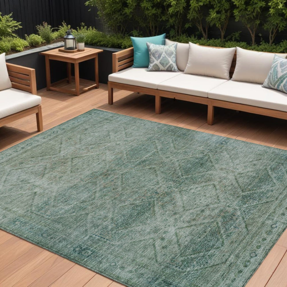 HomeRoots 5' Teal Blue and Ivory Geometric Area Rug - Durable, Washable Indoor/Outdoor Accent for Any Space 10' X 14' 630518