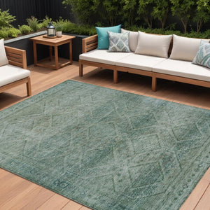 HomeRoots 5' Teal Blue and Ivory Geometric Area Rug - Durable, Washable Indoor/Outdoor Accent for Any Space 10' X 14' 630518