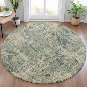 HomeRoots 5' Modern Abstract Artichoke Green and Teal Blue Washable Indoor Outdoor Area Rug for Any Space 8' Round 630521
