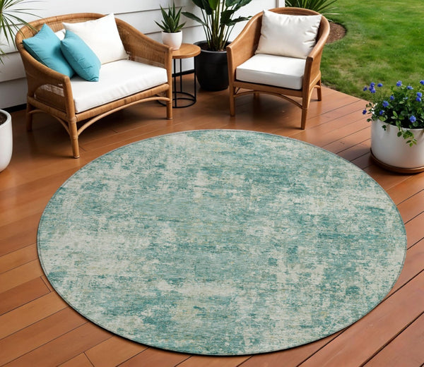 HomeRoots 5' Teal Blue and Beige Abstract Area Rug - Washable, Durable Design for Indoor and Outdoor Spaces 8' Round 630545