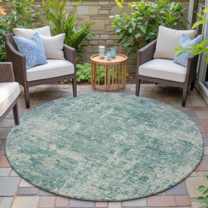 HomeRoots 5' Teal Blue and Beige Abstract Area Rug - Washable, Durable Design for Indoor and Outdoor Spaces 8' Round 630545