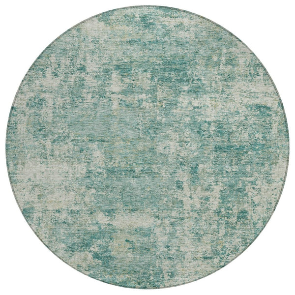 HomeRoots 5' Teal Blue and Beige Abstract Area Rug - Washable, Durable Design for Indoor and Outdoor Spaces 8' Round 630545