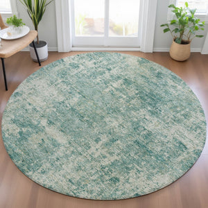 HomeRoots 5' Teal Blue and Beige Abstract Area Rug - Washable, Durable Design for Indoor and Outdoor Spaces 8' Round 630545