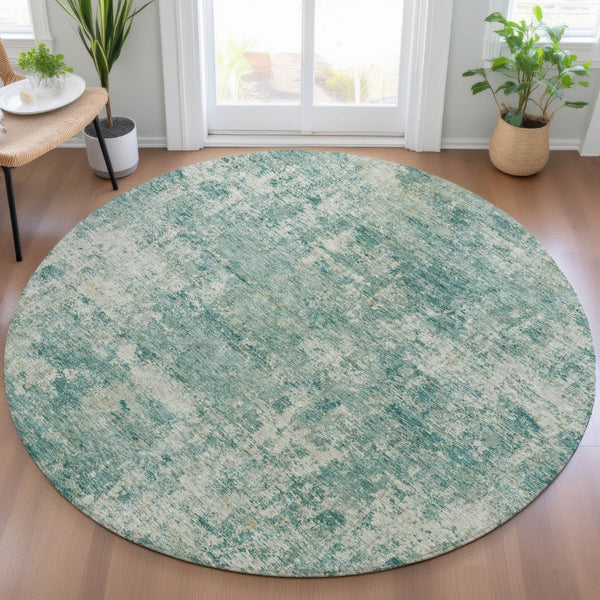 HomeRoots 5' Teal Blue and Beige Abstract Area Rug - Washable, Durable Design for Indoor and Outdoor Spaces 8' Round 630545