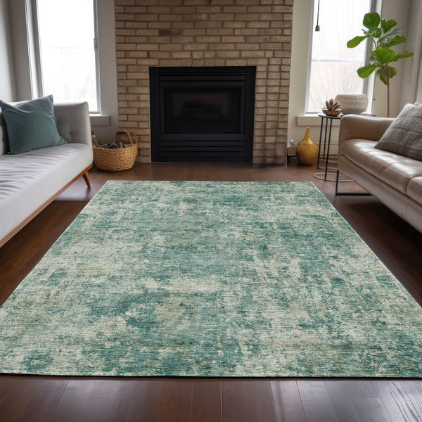 HomeRoots 5' Teal Blue and Beige Abstract Area Rug - Washable, Durable Design for Indoor and Outdoor Spaces 10' X 14' 630548