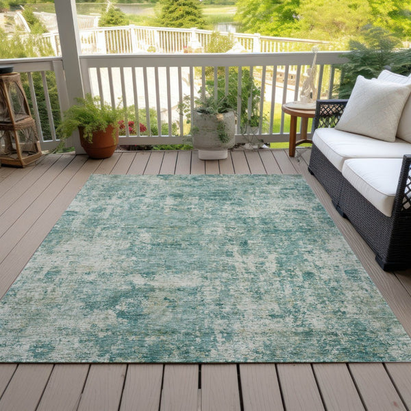 HomeRoots 5' Teal Blue and Beige Abstract Area Rug - Washable, Durable Design for Indoor and Outdoor Spaces 10' X 14' 630548