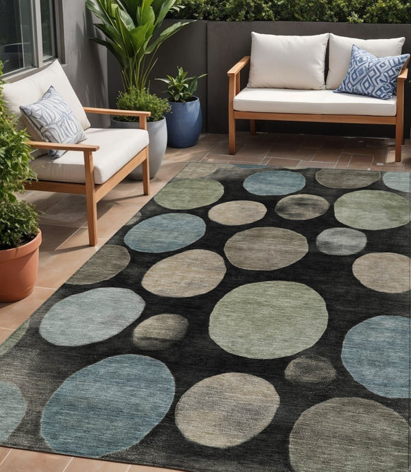 HomeRoots 5' Bold Geometric Black and Teal Blue Indoor Outdoor Area Rug - Stylish, Washable, Durable Design 5' X 8' 630556
