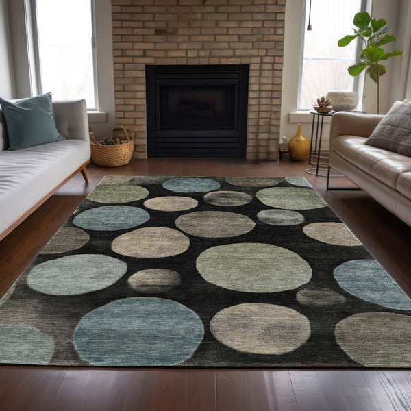 HomeRoots 5' Bold Geometric Black and Teal Blue Indoor Outdoor Area Rug - Stylish, Washable, Durable Design 5' X 8' 630556