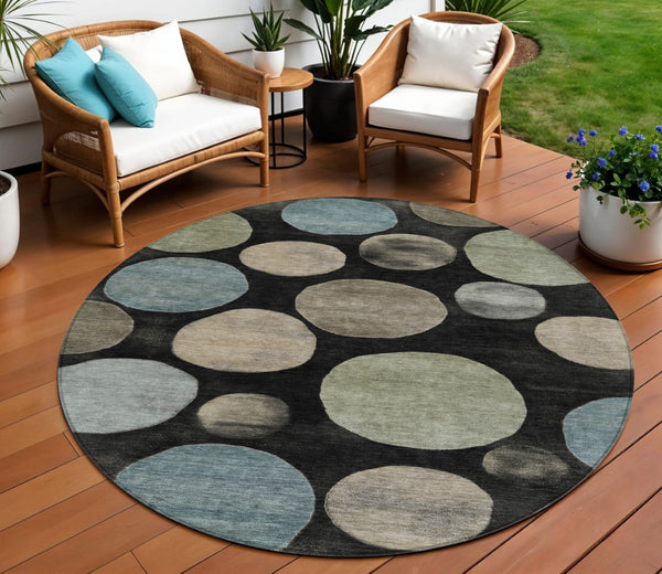 HomeRoots 5' Bold Geometric Black and Teal Blue Indoor Outdoor Area Rug - Stylish, Washable, Durable Design 8' Round 630557