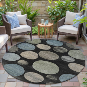 HomeRoots 5' Bold Geometric Black and Teal Blue Indoor Outdoor Area Rug - Stylish, Washable, Durable Design 8' Round 630557