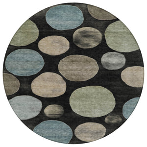 HomeRoots 5' Bold Geometric Black and Teal Blue Indoor Outdoor Area Rug - Stylish, Washable, Durable Design 8' Round 630557