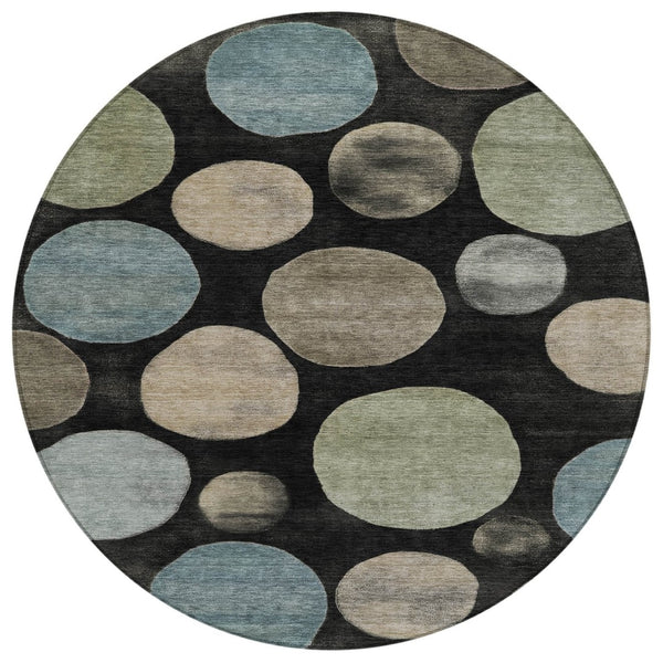 HomeRoots 5' Bold Geometric Black and Teal Blue Indoor Outdoor Area Rug - Stylish, Washable, Durable Design 8' Round 630557
