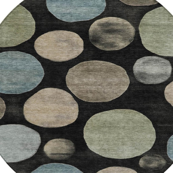 HomeRoots 5' Bold Geometric Black and Teal Blue Indoor Outdoor Area Rug - Stylish, Washable, Durable Design 8' Round 630557