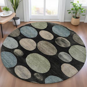 HomeRoots 5' Bold Geometric Black and Teal Blue Indoor Outdoor Area Rug - Stylish, Washable, Durable Design 8' Round 630557