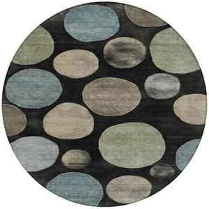 HomeRoots 5' Bold Geometric Black and Teal Blue Indoor Outdoor Area Rug - Stylish, Washable, Durable Design 8' Round 630557