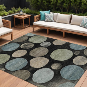 HomeRoots 5' Bold Geometric Black and Teal Blue Indoor Outdoor Area Rug - Stylish, Washable, Durable Design 8' X 10' 630558