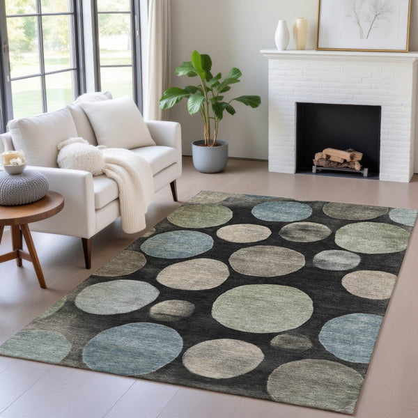 HomeRoots 5' Bold Geometric Black and Teal Blue Indoor Outdoor Area Rug - Stylish, Washable, Durable Design 8' X 10' 630558