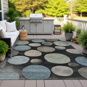 HomeRoots 5' Bold Geometric Black and Teal Blue Indoor Outdoor Area Rug - Stylish, Washable, Durable Design 9' X 12' 630559