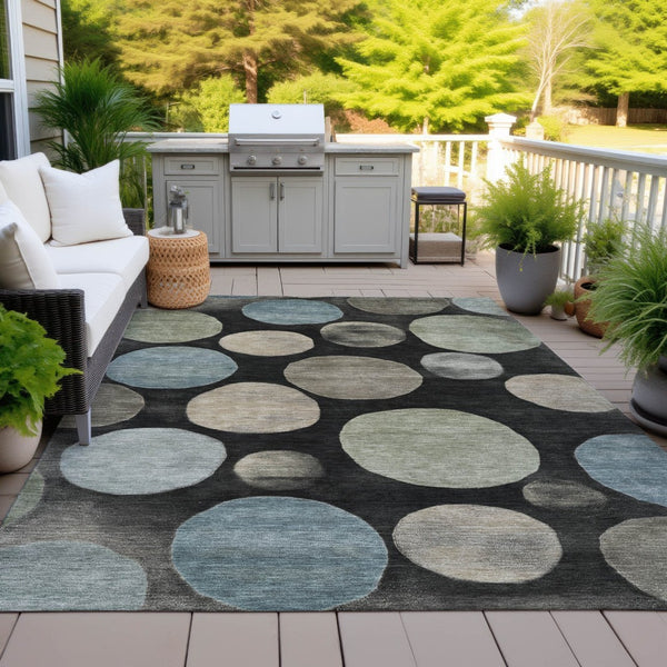 HomeRoots 5' Bold Geometric Black and Teal Blue Indoor Outdoor Area Rug - Stylish, Washable, Durable Design 9' X 12' 630559