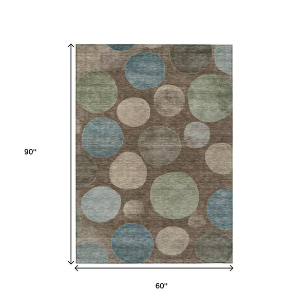 HomeRoots 5' Geometric Washable Area Rug in Chocolate Fern Green and Teal Blue for Indoor & Outdoor Spaces 5' X 8' 630568