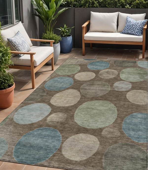 HomeRoots 5' Geometric Washable Area Rug in Chocolate Fern Green and Teal Blue for Indoor & Outdoor Spaces 5' X 8' 630568
