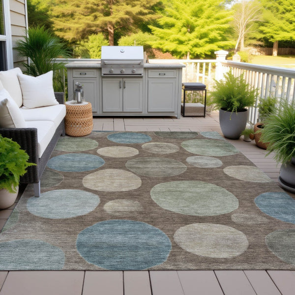 HomeRoots 5' Geometric Washable Area Rug in Chocolate Fern Green and Teal Blue for Indoor & Outdoor Spaces 5' X 8' 630568