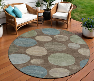 HomeRoots 5' Geometric Washable Area Rug in Chocolate Fern Green and Teal Blue for Indoor & Outdoor Spaces 8' Round 630569