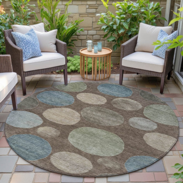 HomeRoots 5' Geometric Washable Area Rug in Chocolate Fern Green and Teal Blue for Indoor & Outdoor Spaces 8' Round 630569