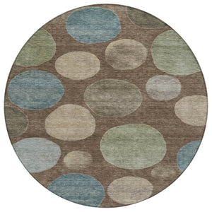 HomeRoots 5' Geometric Washable Area Rug in Chocolate Fern Green and Teal Blue for Indoor & Outdoor Spaces 8' Round 630569